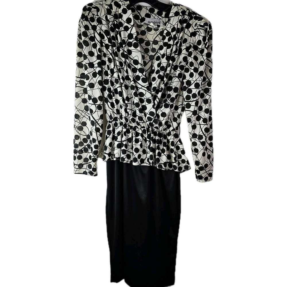 Goody Vintage Made in‎ USA Dress LS Black White Shoulder Pads Secretary Small 7